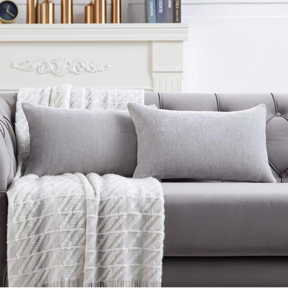 Luxury Home | Chic Light Grey Soft Chenille Textured Lumbar Throw Pillow Covers